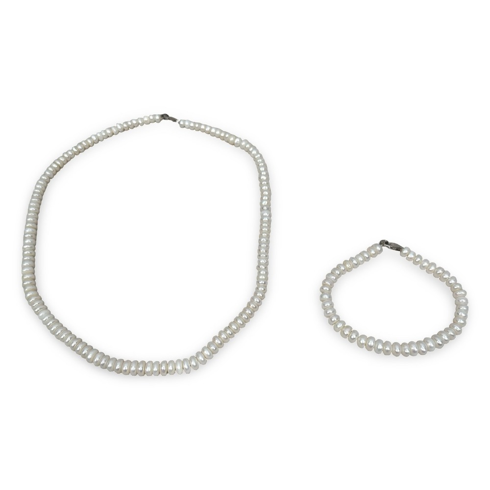 White Freshwater‎ Pearl Necklace Bracelet Set 925 Sterling Silver Clasp 17.5in